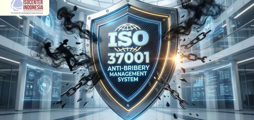 Ilustrasi tameng perlindungan dengan logo ISO 37001, mewakili kepatuhan dan perlindungan reputasi perusahaan dari risiko suap.
