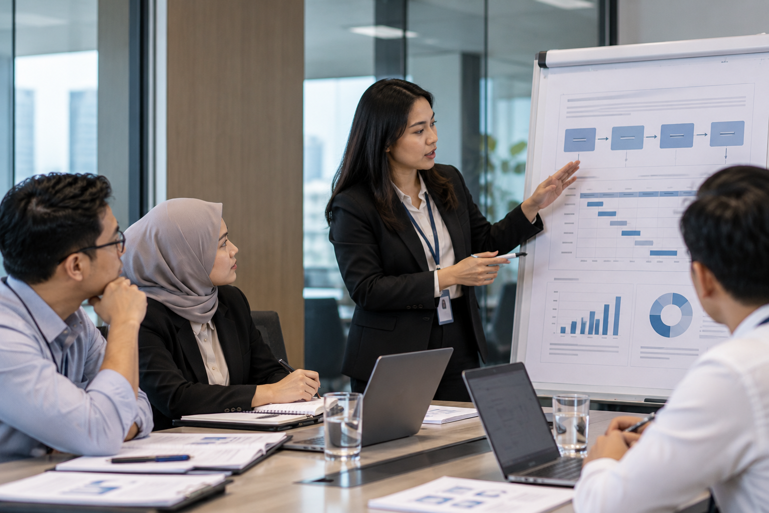Ilustrasi konsultan Indonesia menjelaskan grafik dan rencana implementasi sistem manajemen kepada tim perusahaan