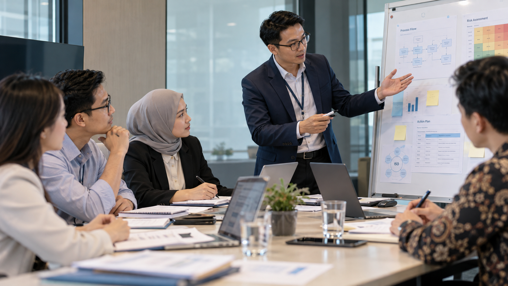 Ilustrasi workshop sistem manajemen bersama profesional Indonesia dengan pembahasan proses dan penilaian di ruang rapat