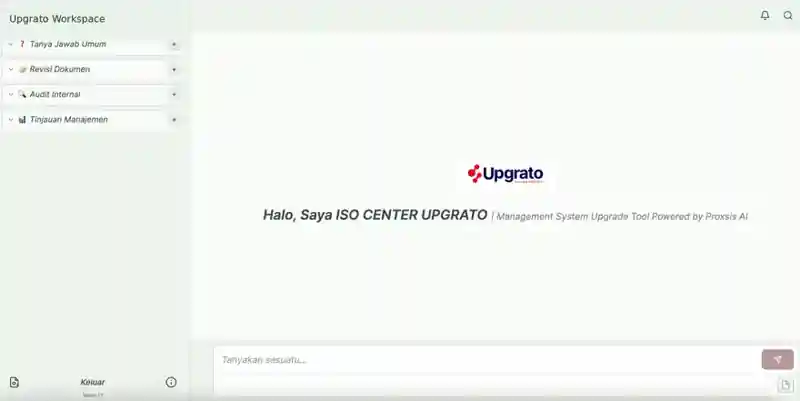 Tampilan aplikasi Upgrato dengan empat klaster Tanya Jawab Umum, Revisi Dokumen, Audit Internal, Tinjauan Manajemen; identitas pengguna disamarkan.