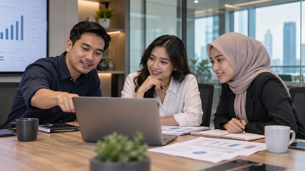 Ilustrasi tim profesional mendiskusikan dokumen dan pekerjaan sistem manajemen di depan laptop.