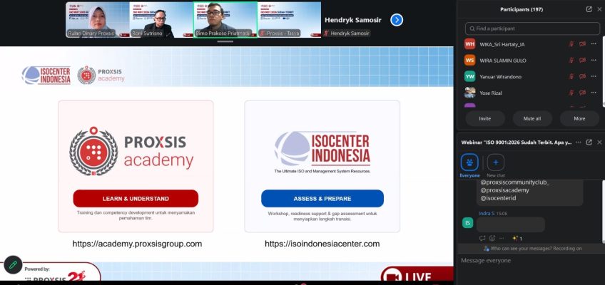 Tangkapan layar webinar ISO 9001:2026 oleh ISOCenter dan Proxsis Academy, 8 Oktober 2026