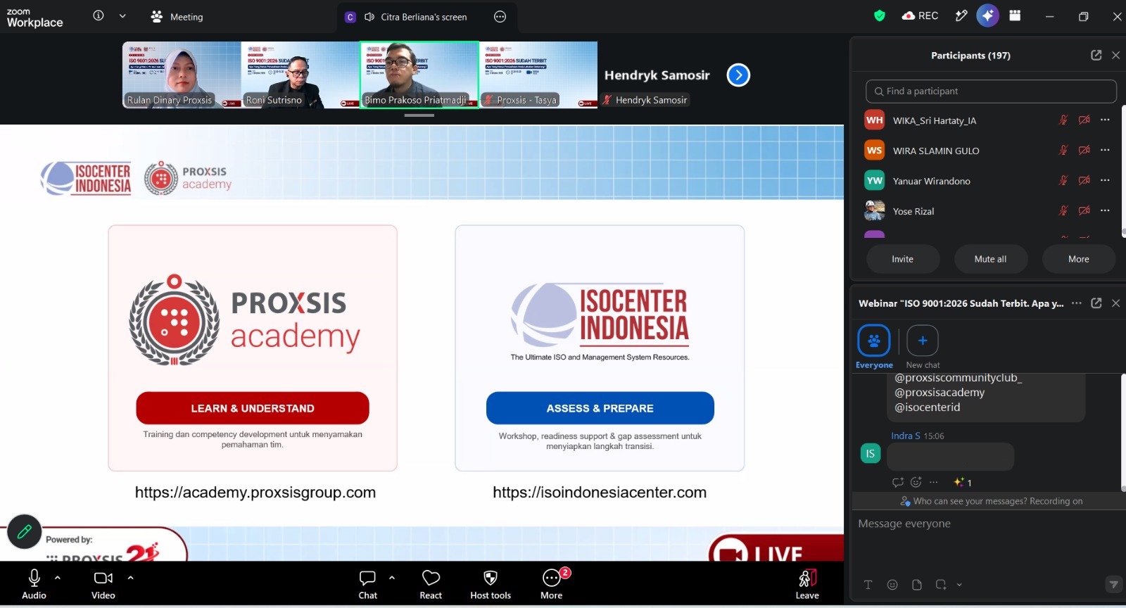 Tangkapan layar webinar ISO 9001:2026 oleh ISOCenter dan Proxsis Academy, 8 Oktober 2026